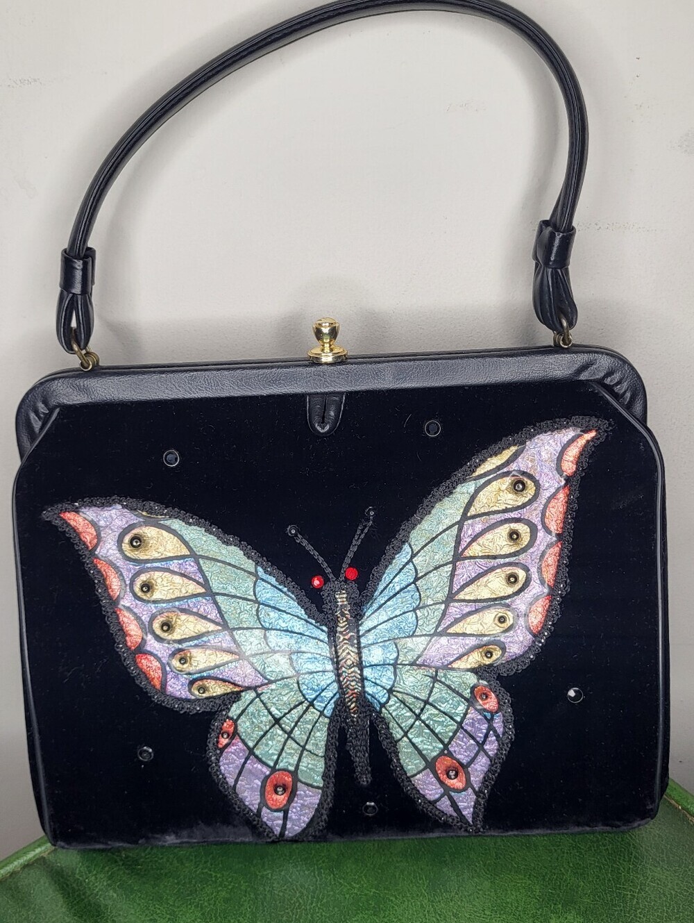 Vintage VTG 1950s Soure Bag New York Velvet Beaded Butterfly Handbag Purse